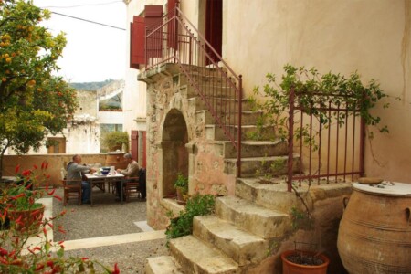Entrance with stone stairs and spacious outdoor area of Sior Nikoletos, a traditional villa in Southern Crete